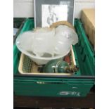 Crate of misc. housewares incl. lamp shades, deer plaque, etc.