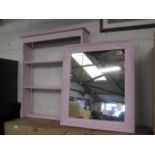 Rectangular wall mirror in pink painted frame with matching plate rack
