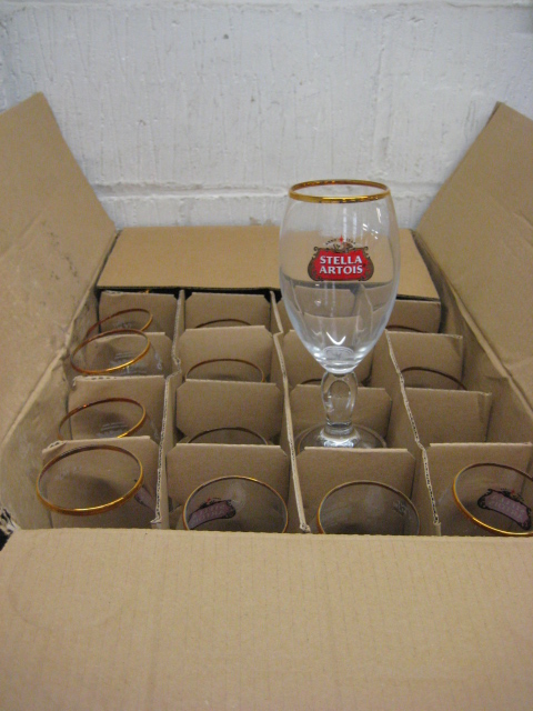 Crate of Stella Artois glasses