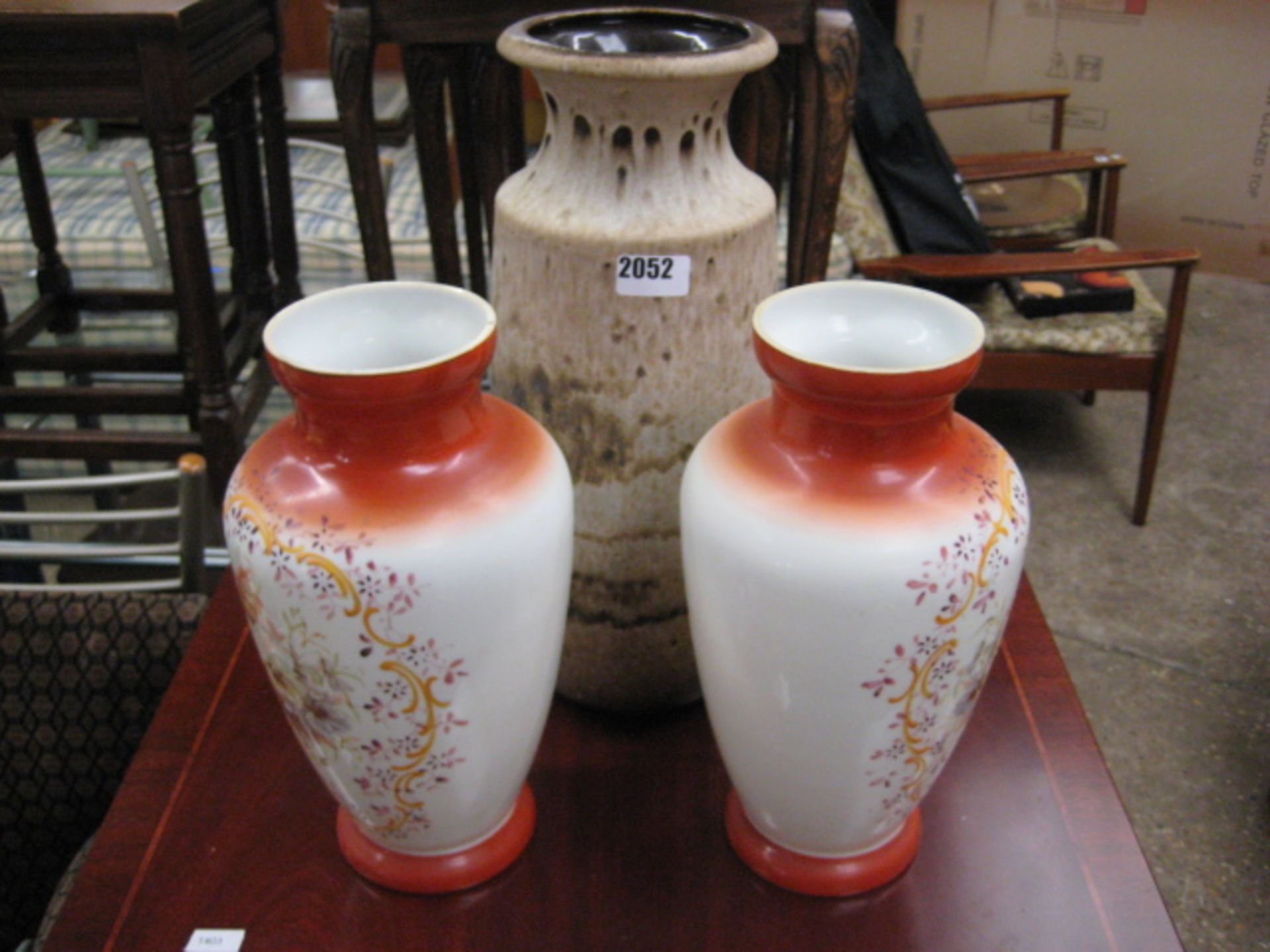 Large West German vase and pair of red and white vases