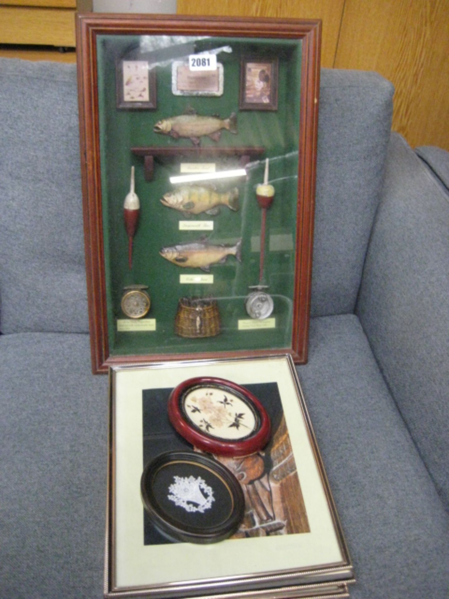 Framed fishing montage and 6 various pictures