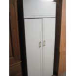 2 tone white and mahogany effect double door wardrobe with storage above