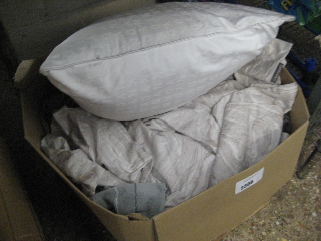 Box of various linen and a pillow