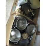 2 boxes containing mixed housewares incl. kitchen pans, copper and brassware, retro telephone, etc.