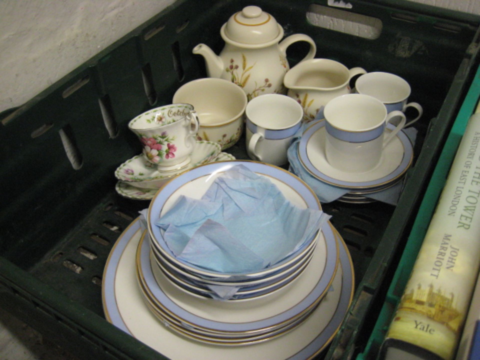 Crate containing Royal Doulton Regency Gold part tea service, Royal Albert sup, saucer and side