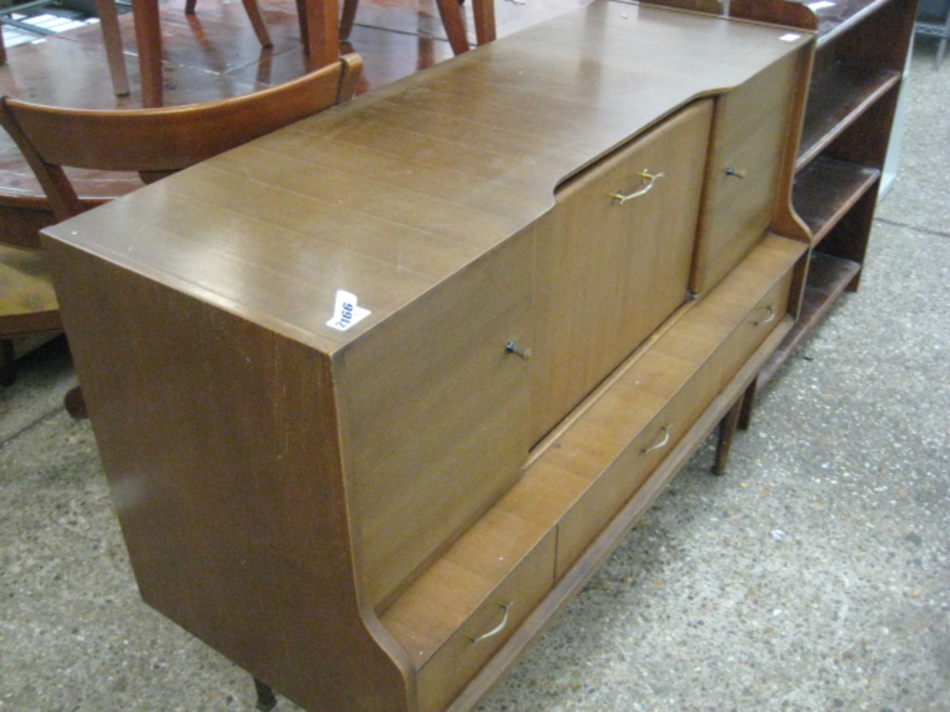 (2041) Mid century drinks cabinet with central drop front section, 2 cupboards and 3 drawers