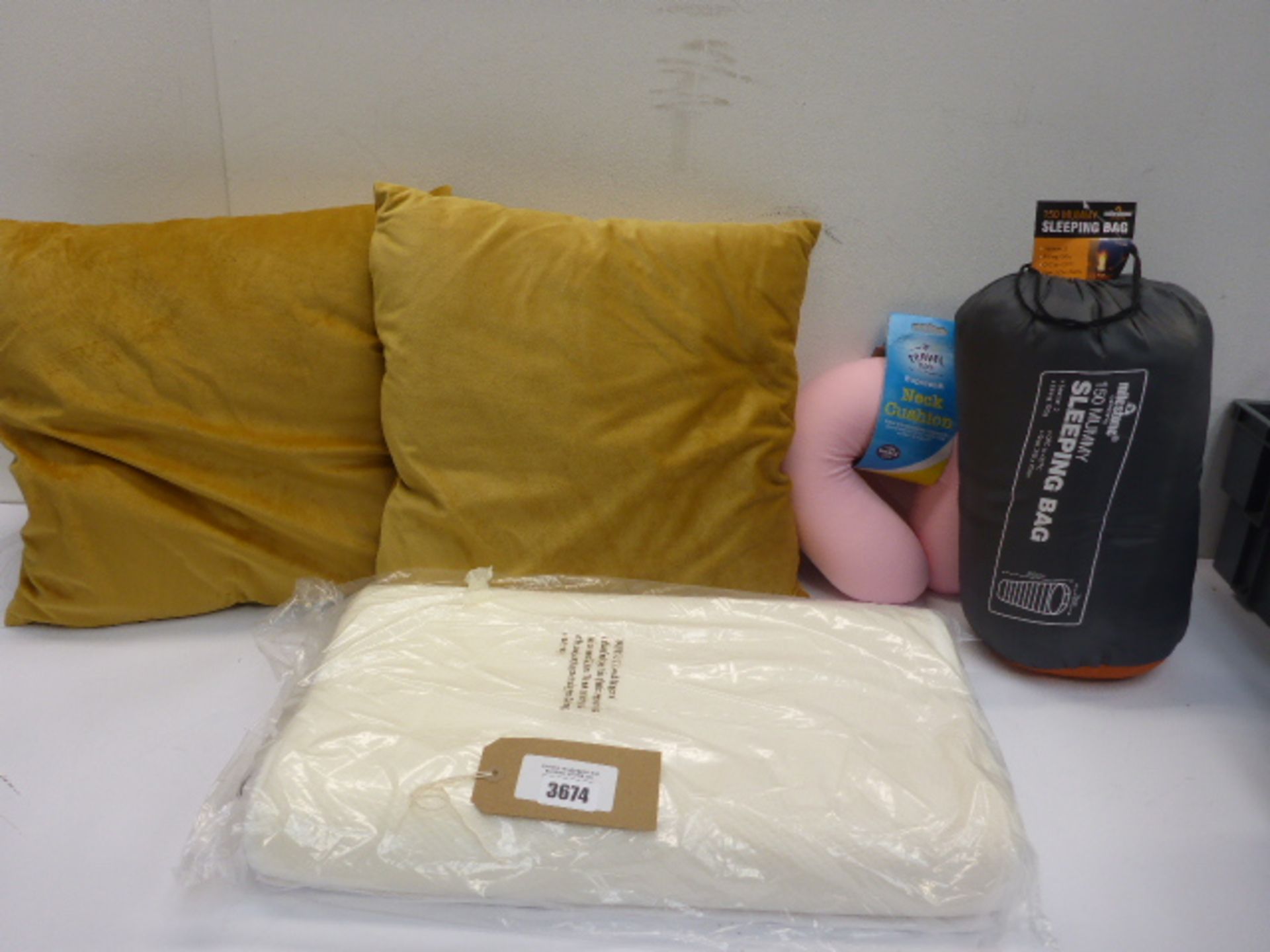 Milestone 150 Mummy single person sleeping bag, Memory foam pillow, neck pillow and 2 mustard colour