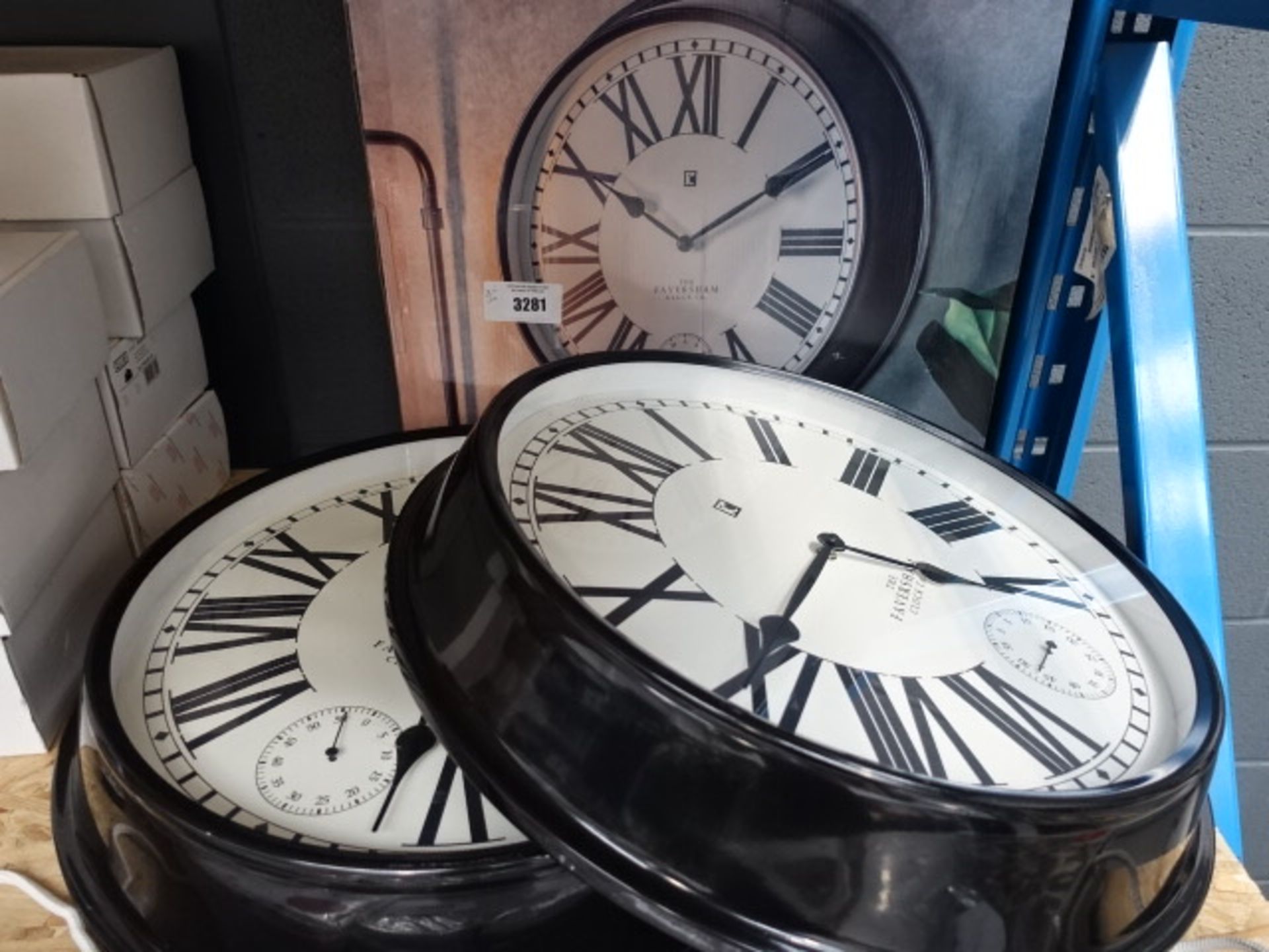 One boxed plus two unboxed Faversham wall clocks