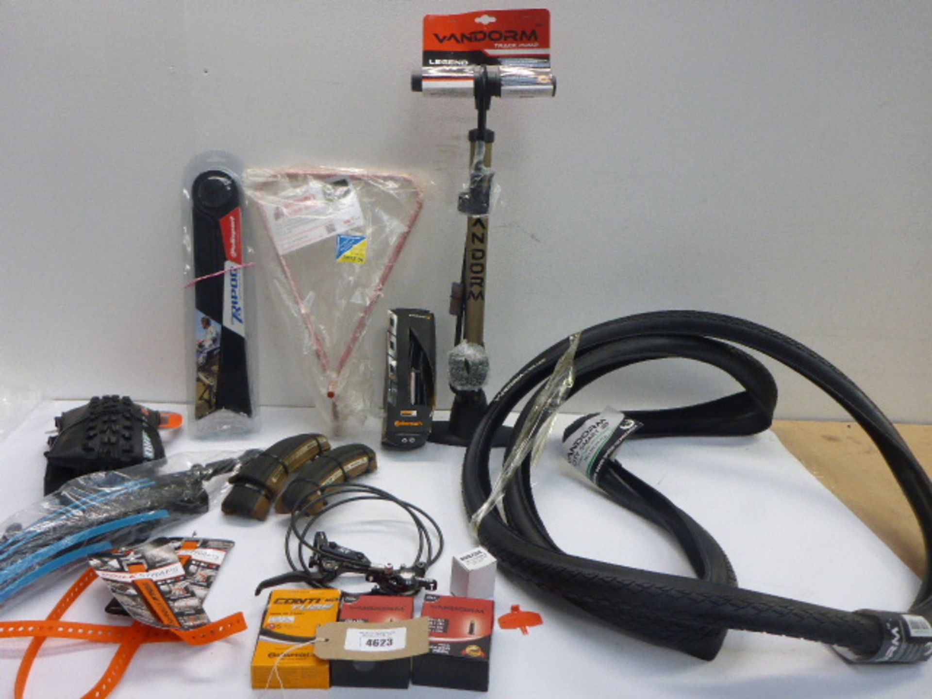 Vandorm track pump, triangle bike stand, inner tubes, bike wheels, gear/brake leavers etc