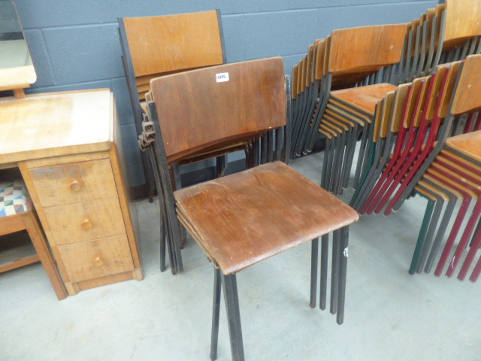 2 stacks containing 9 1960's metal and bent wood stacking chairs