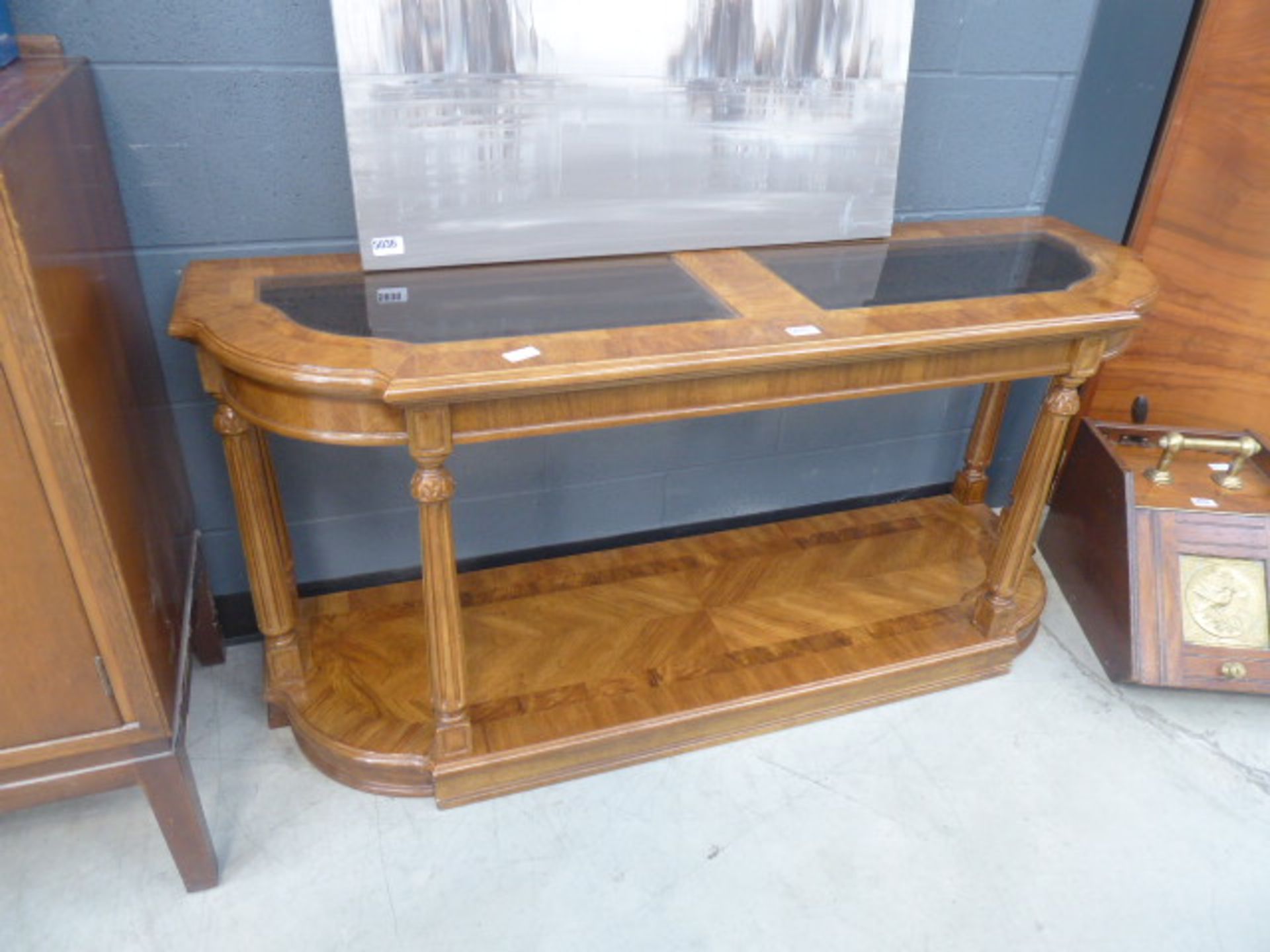 Walnut and glazed 2 tier console table