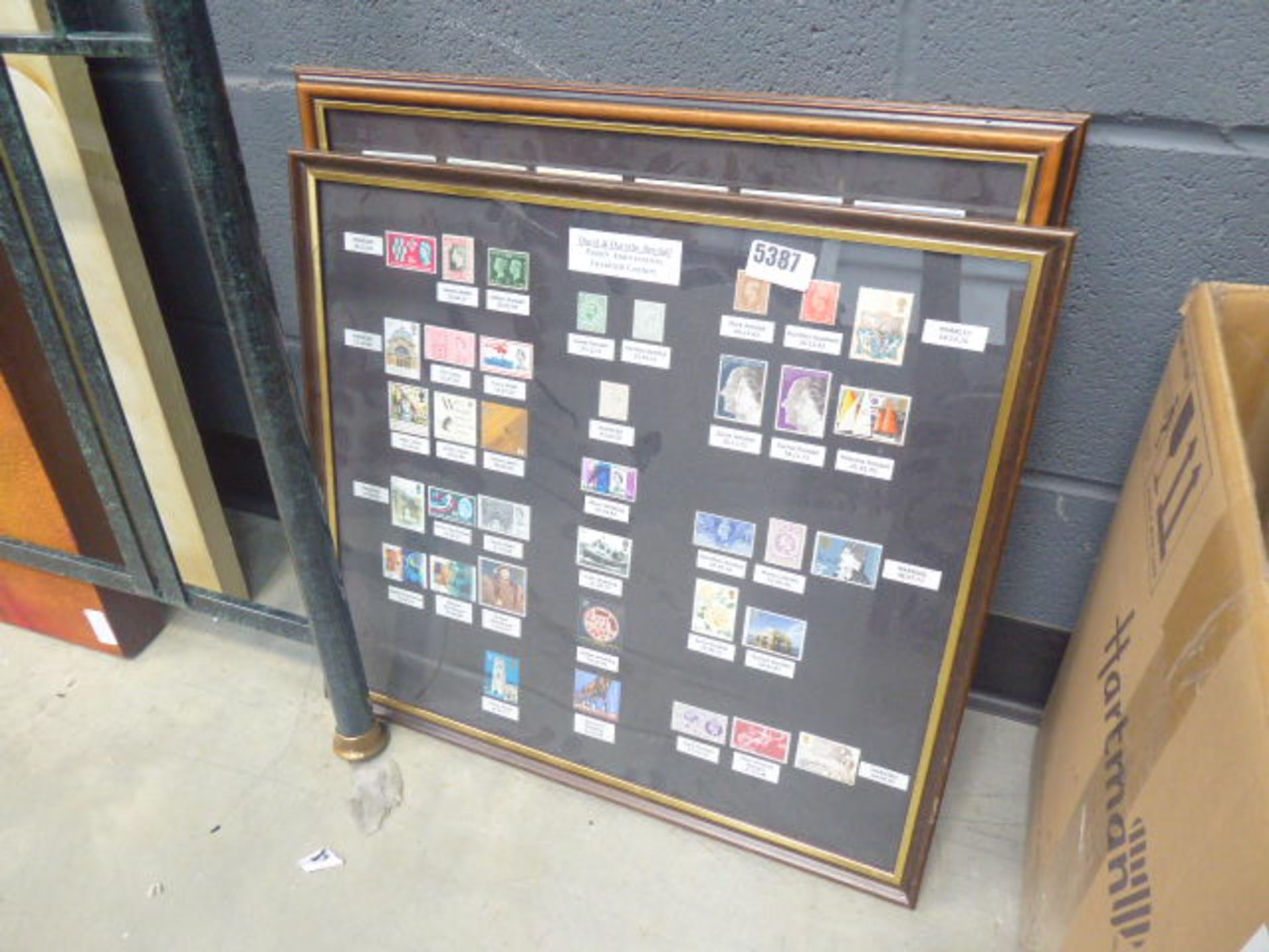 Cigarette card picture plus a wall hanging with postage stamps