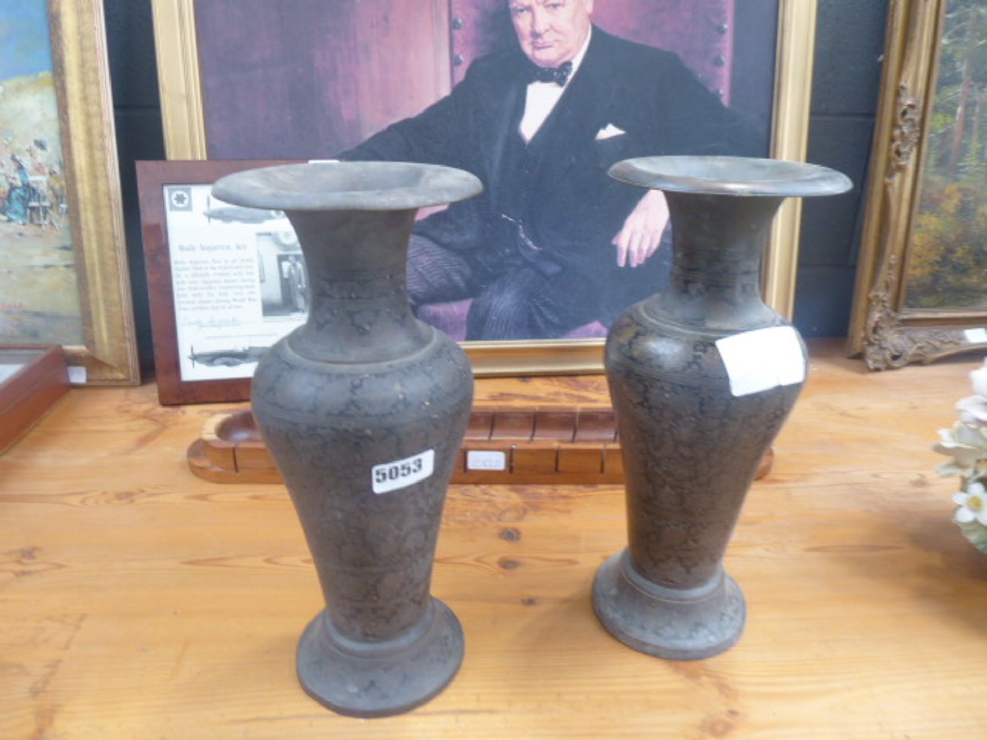 Pair of Easton brass and metalwares inlaid vases