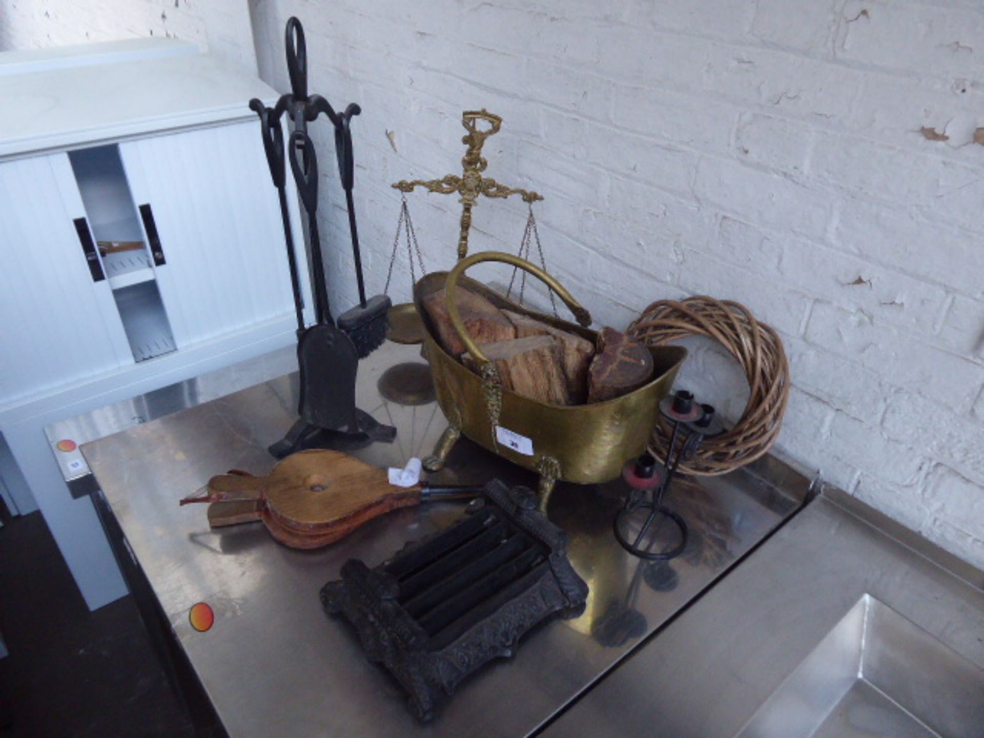 Tabletop of display items including boot scrape, mini bellows, coal scuttle, balance scales etc - Image 2 of 2