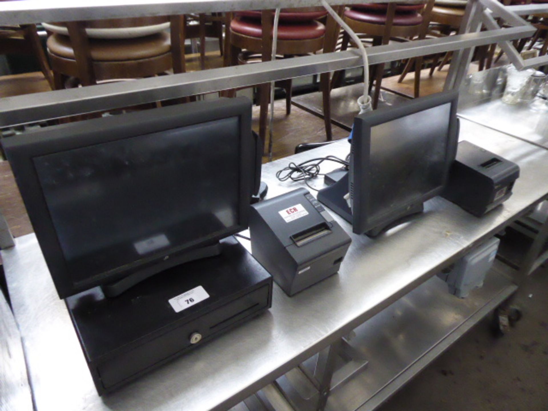2 J2 electronic touchscreen till stations with 1 cash drawer and 2 printers