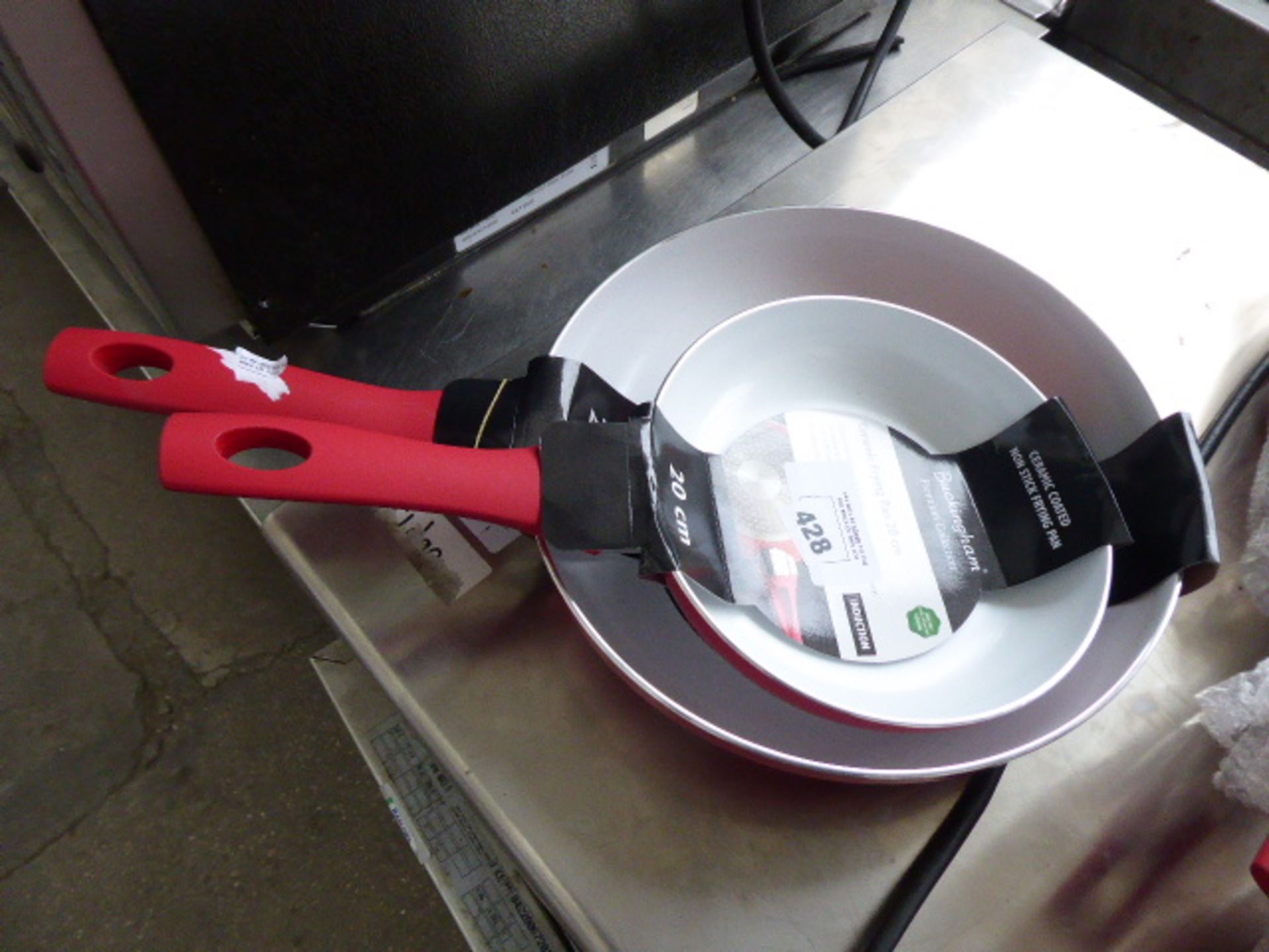 2 Buckingham ceramic fry pans finished in red, 1 28cm, 1 20cm