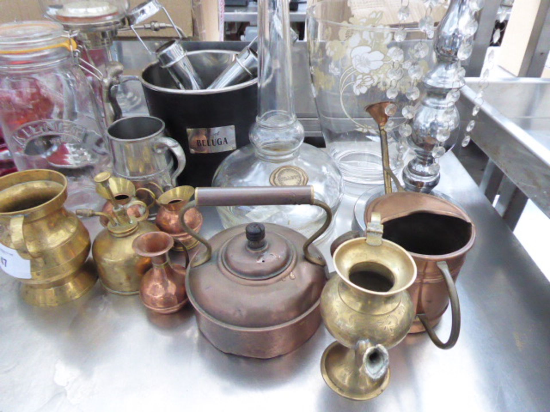 Tabletop display of assorted decorative items including carafes, brass and copper wares, champagne - Image 3 of 4