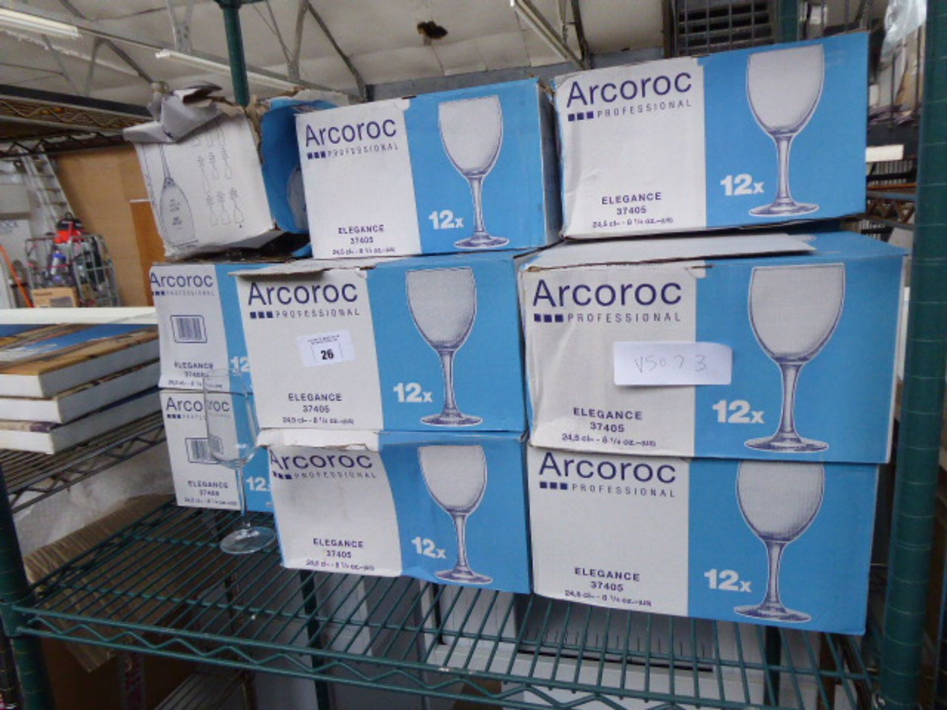 Shelf of 13 boxes of 12 arcoroc and other assorted glass