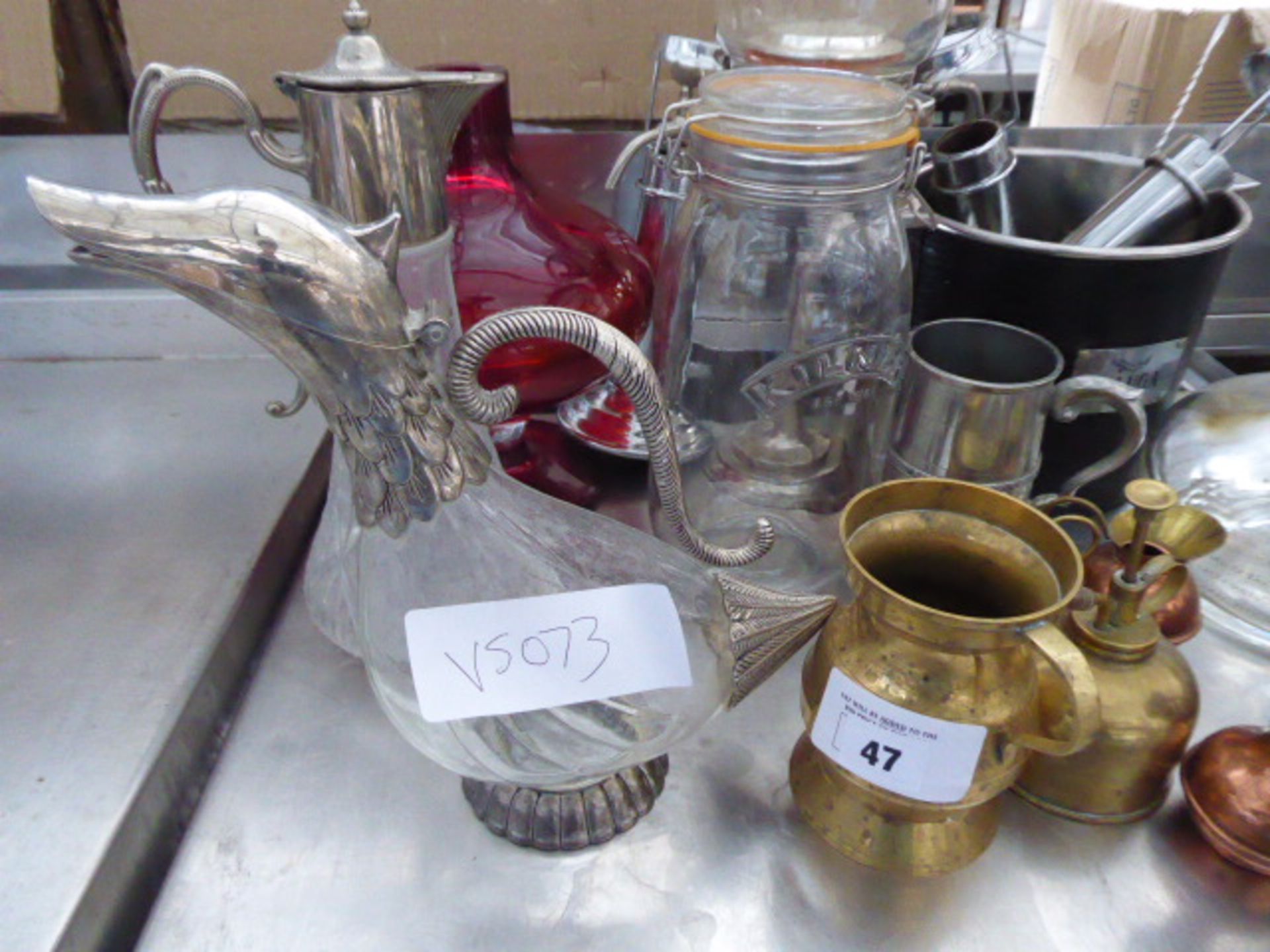 Tabletop display of assorted decorative items including carafes, brass and copper wares, champagne - Image 2 of 4