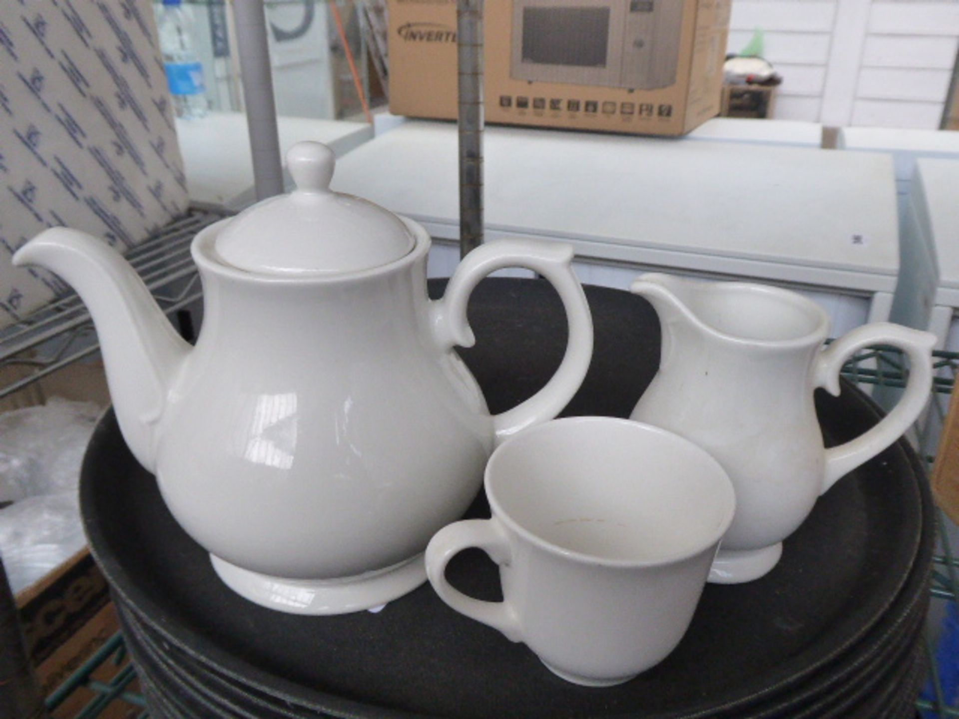 3 shelves of white crockery including teapots, teacups, divided dishes, creamers etc - Image 2 of 5