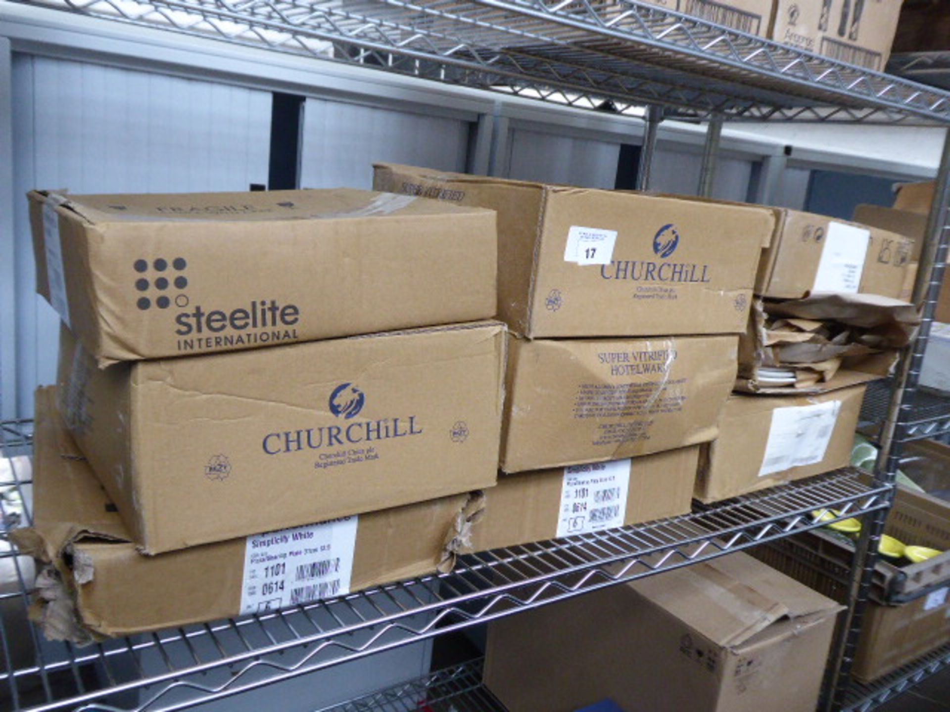 9 boxes of Churchill and Steelite white plates - assorted shapes