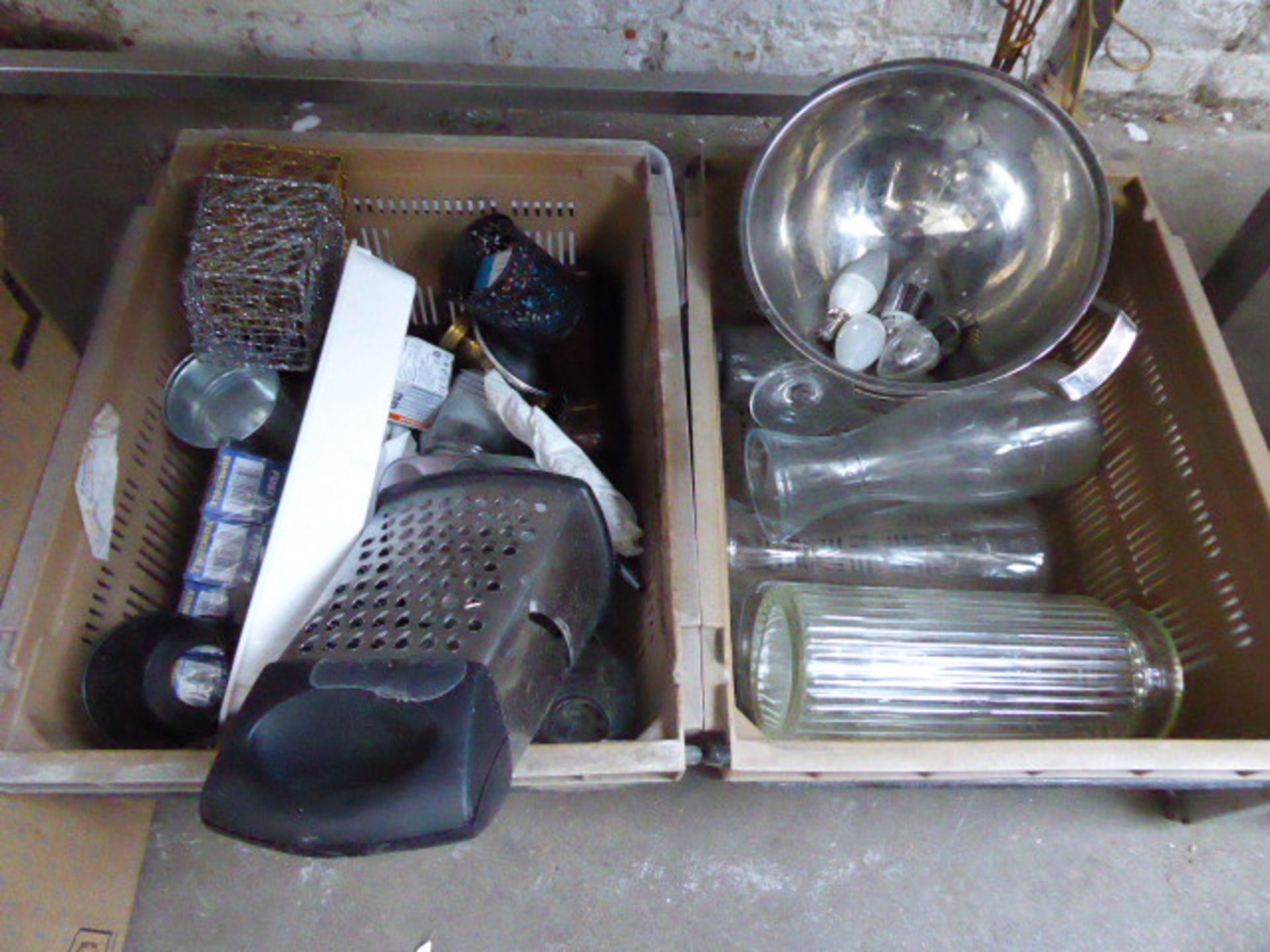 2 plastic stacking crates and a cardboard box with assorted items including glass bottles, cake - Image 3 of 3