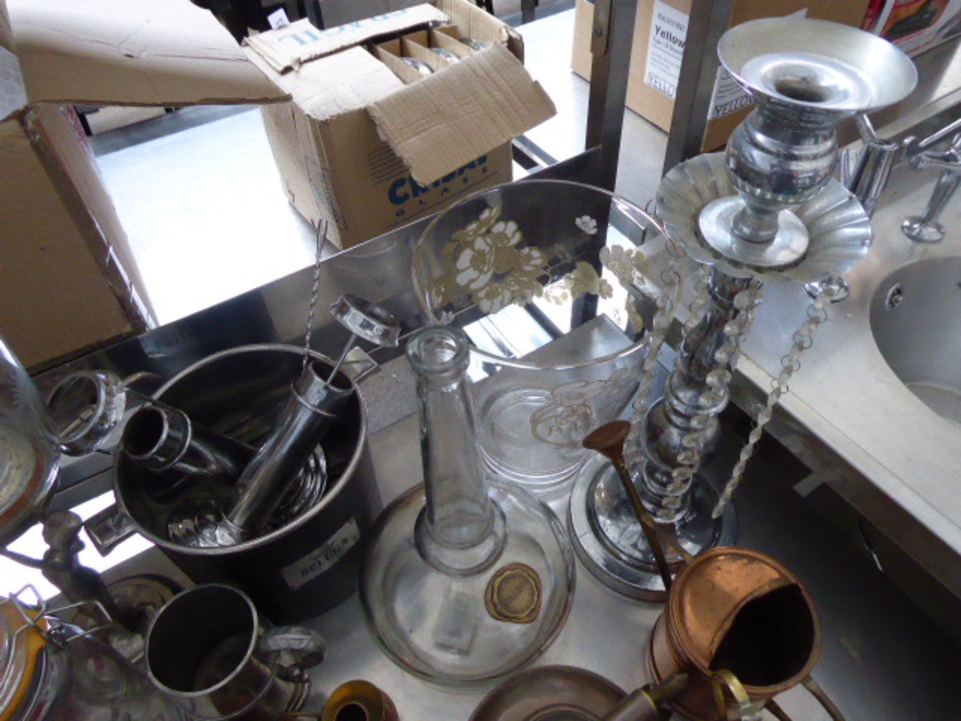 Tabletop display of assorted decorative items including carafes, brass and copper wares, champagne - Image 4 of 4