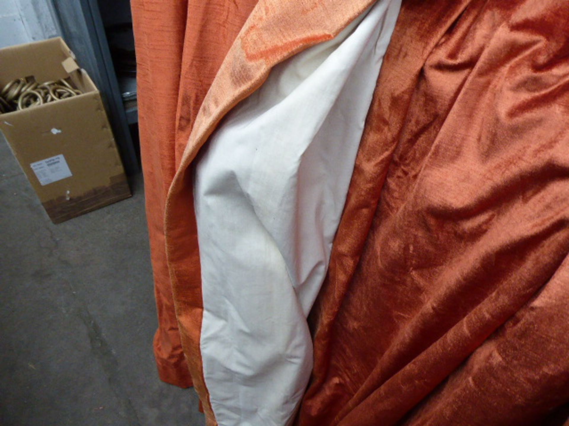 Approx. 6 large orange/bronze, velvet type texture, long drop curtains with a number of large - Image 2 of 6