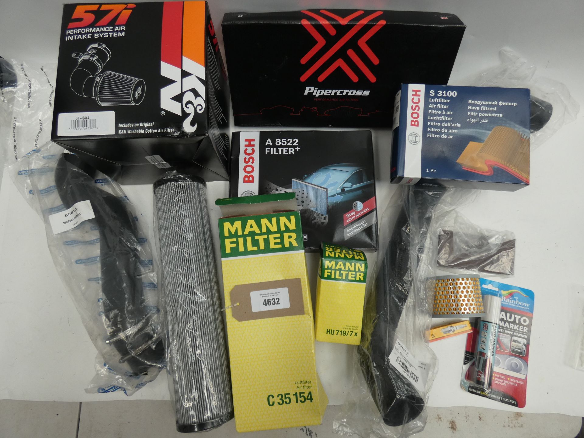 A selection of mostly air filters and pipes including K & N 57i, Land Rover Turbo Pipe, Mann and