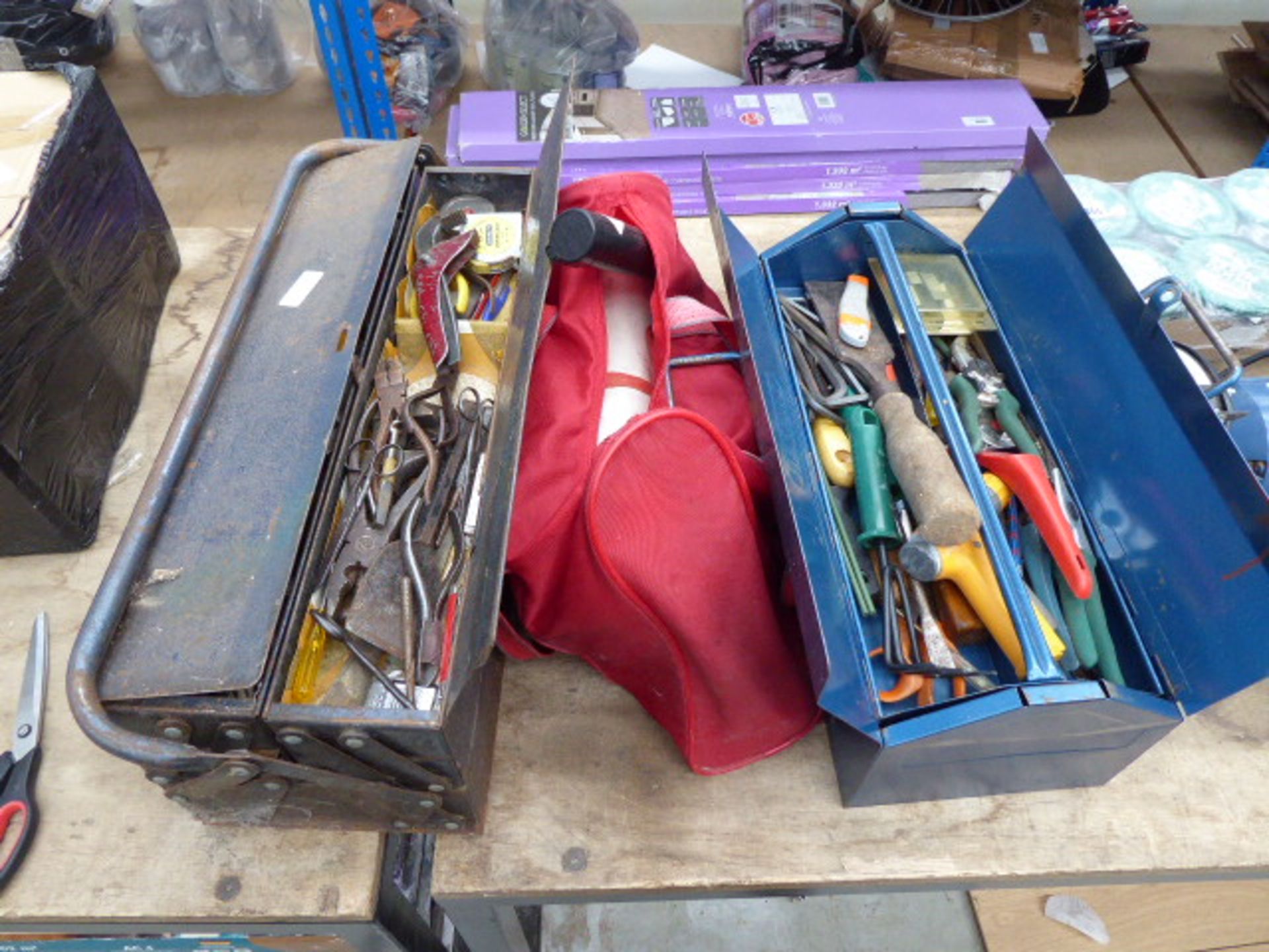 2 metal toolboxes and red bag containing various assorted tools