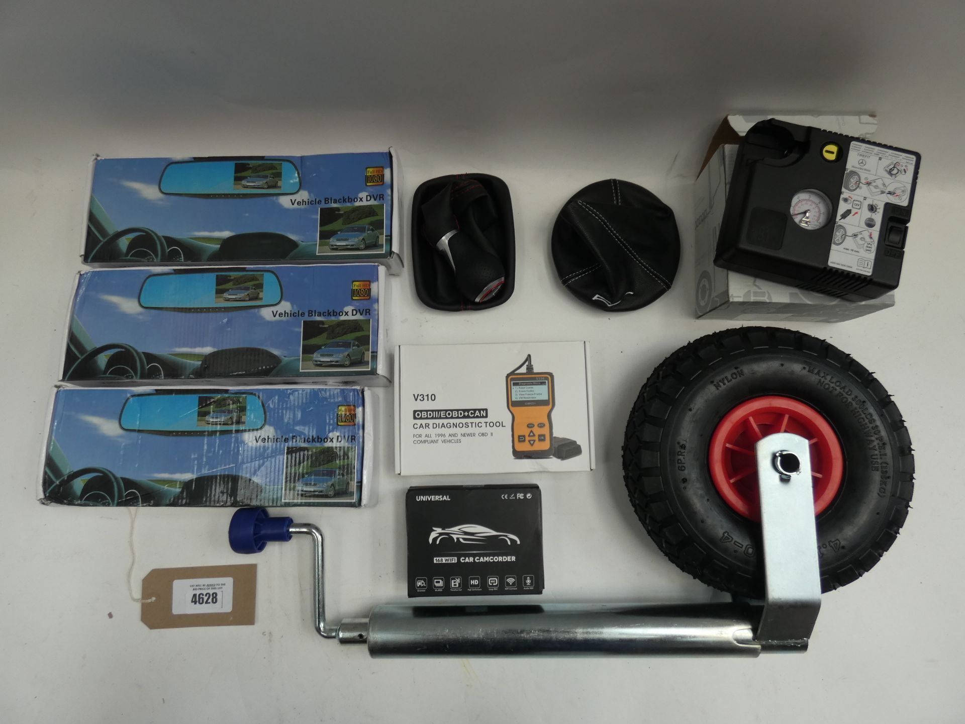 A selection of mostly car accessories including camcorders, a Mercedes Benz/Dunlop pump & a car