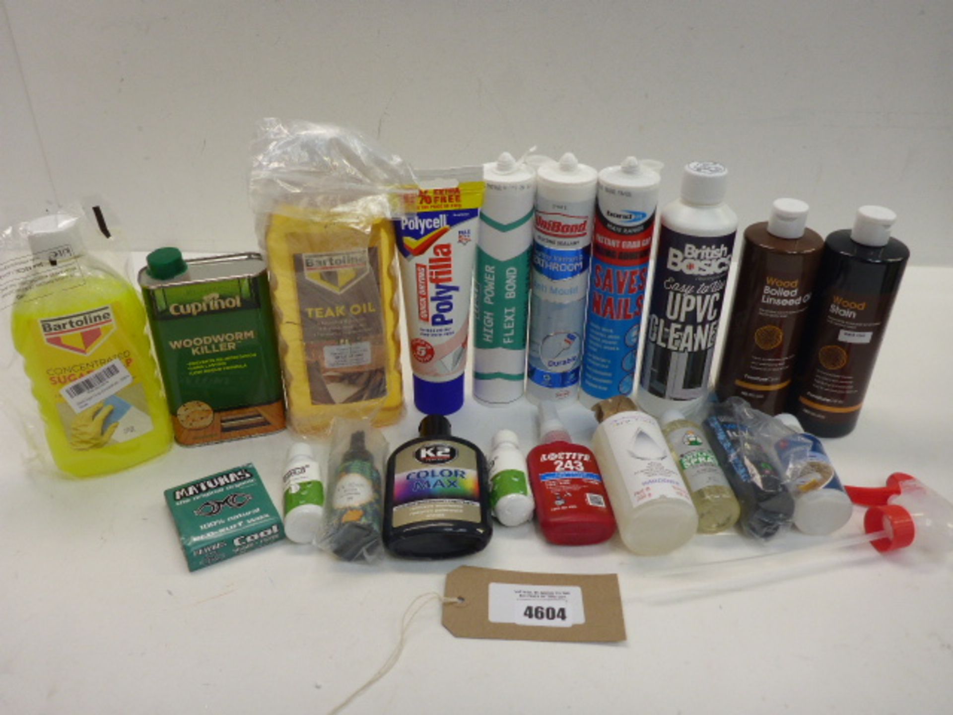 Polyfilla, Flixi bond, Anti mould, woodworm killer, teak oil, wood stain, sugar soap and other DIY
