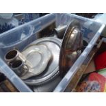 Box containing pewterware and silver plate