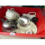 Box containing silver plate plus general crockery to include a jug, plates, cheese dish and tea pot