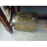 Brass clad coal scuttle, copper kettle and a brass pot