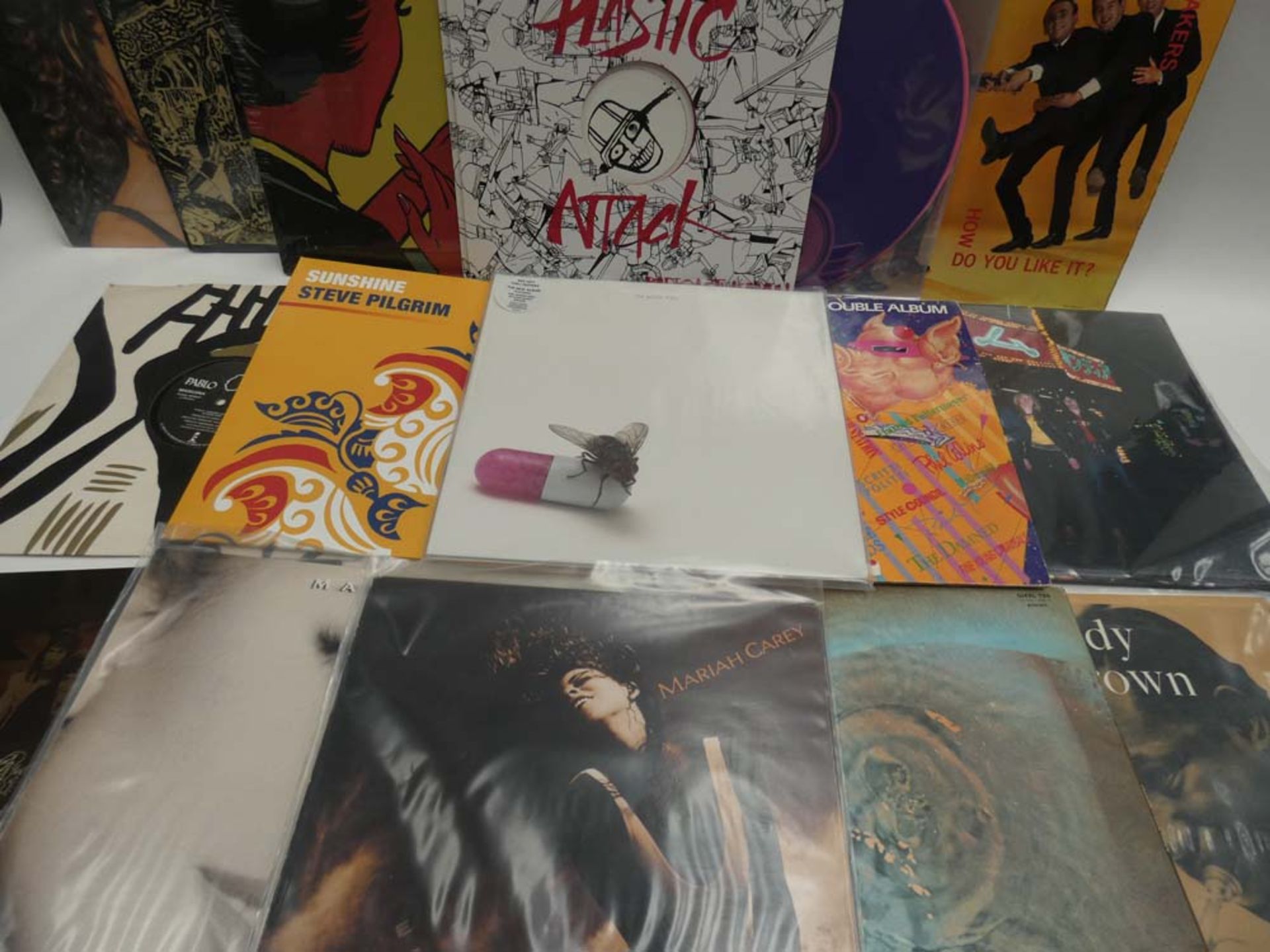 Box containing quantity of LP records to include Plastic Attack, Red Hot Chilli Peppers, Steve