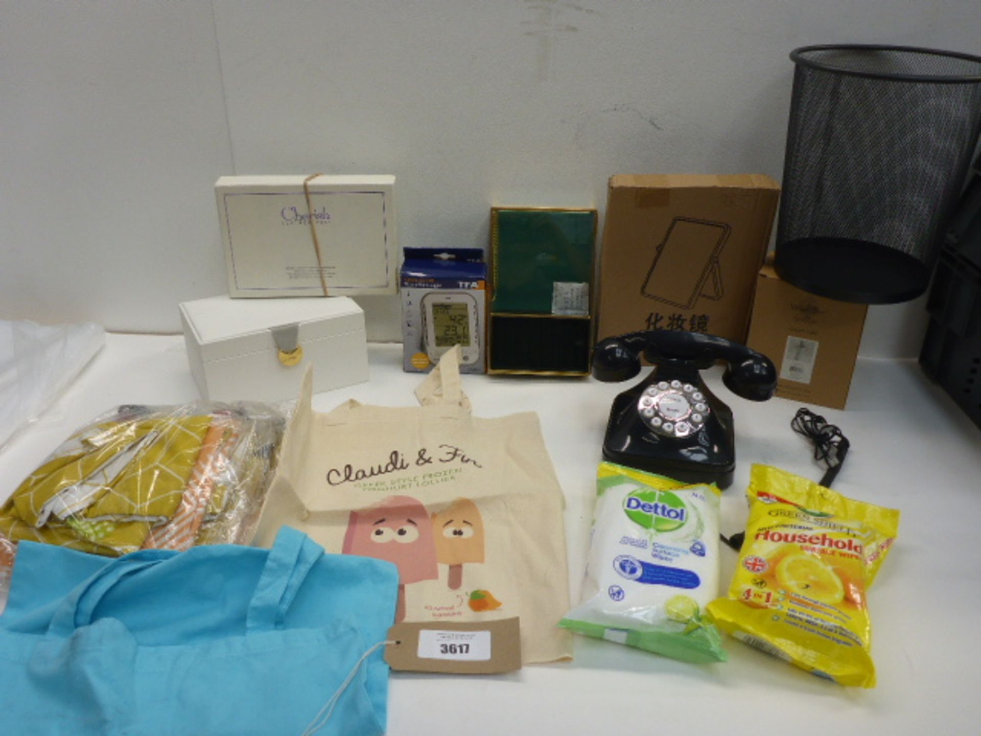 Cherish leather care kit, Thermo hygo logger, waste bin, surface wipes, telephone, shopping bags,