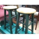 Pair of green painted and pine seated stools