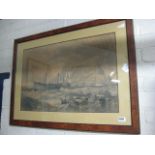 Framed and glazed sepia print of battle at sea with 2 other black and white prints