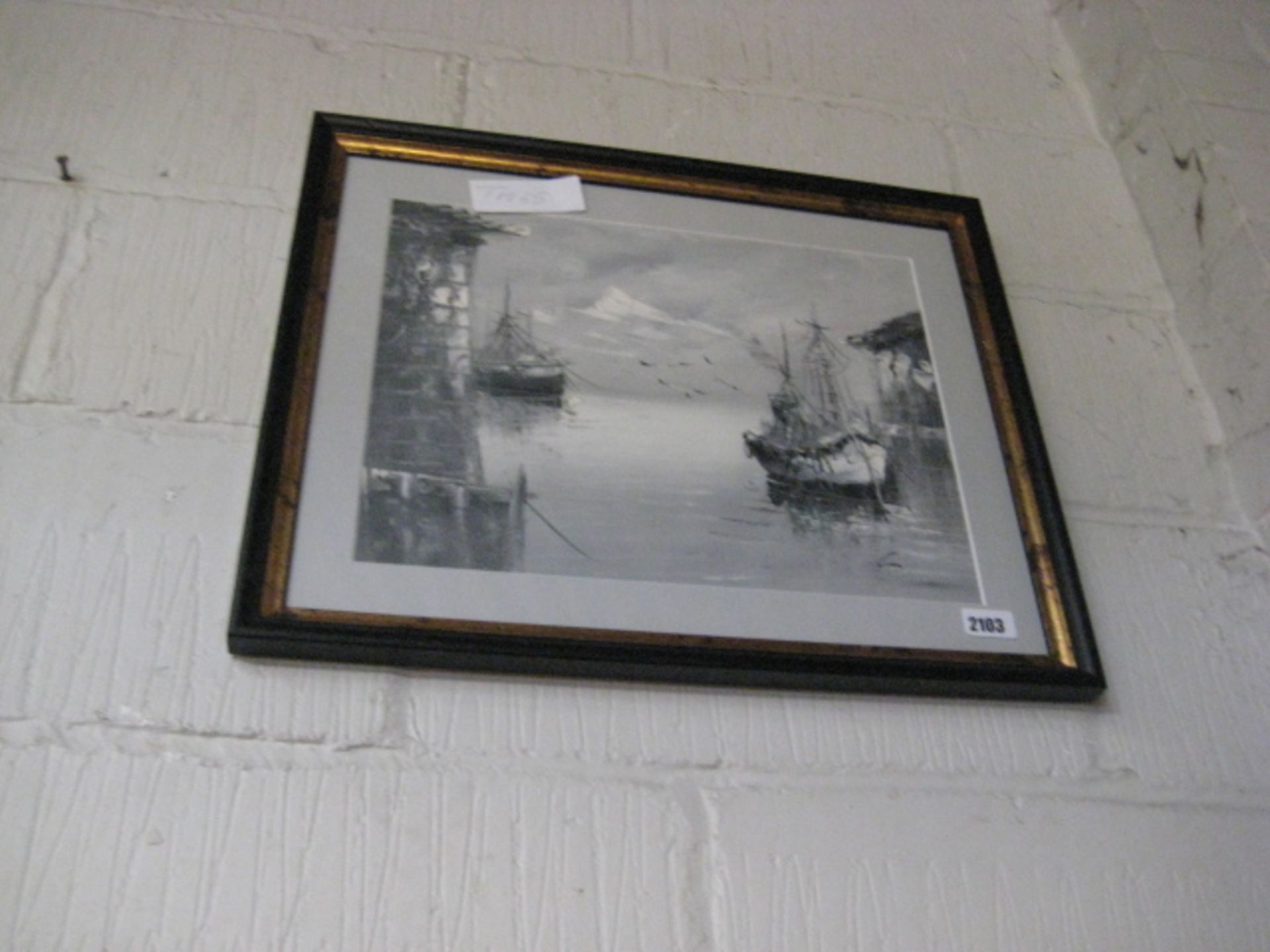 Framed and glazed oil painting of ships at harbour