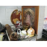 Crate containing mixed housewares incl. wooden cat shaped letter rack, framed poster of country life