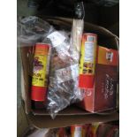 Box containing mixed BBQ accessories incl. lava rocks, BBQ seasoning spray, cleaning accessories,