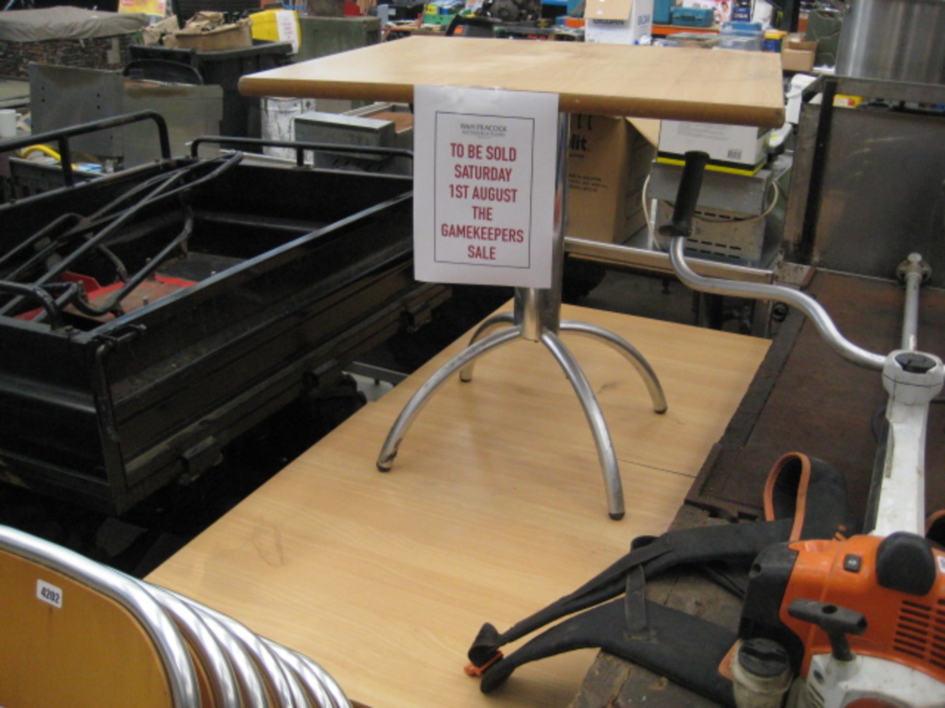 Quantity of beech and aluminium stacking chairs together with 3 cafe style tables - Image 2 of 2