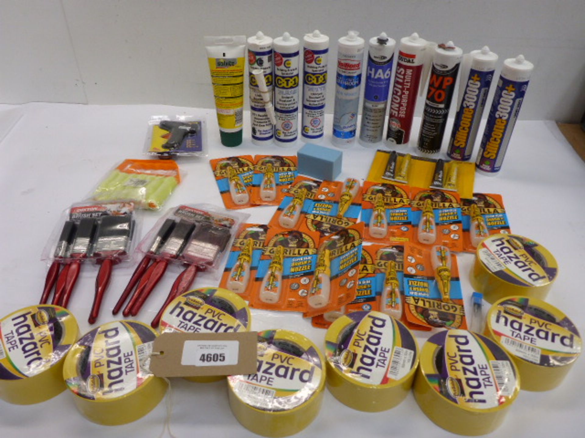 Sealants, silicones, PVC hazard tape, Gorilla glue, paint brushes etc