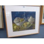 Framed and glazed pastel of still life of pears in a bowl and a decanter