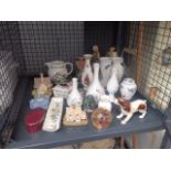 Cage containing paper weights, quantity of Spode, Royal Albert vases plus a character jug,