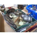 Box containing metal ware to include brass trays, a pewter teapot, brass pots plus loose cutlery and