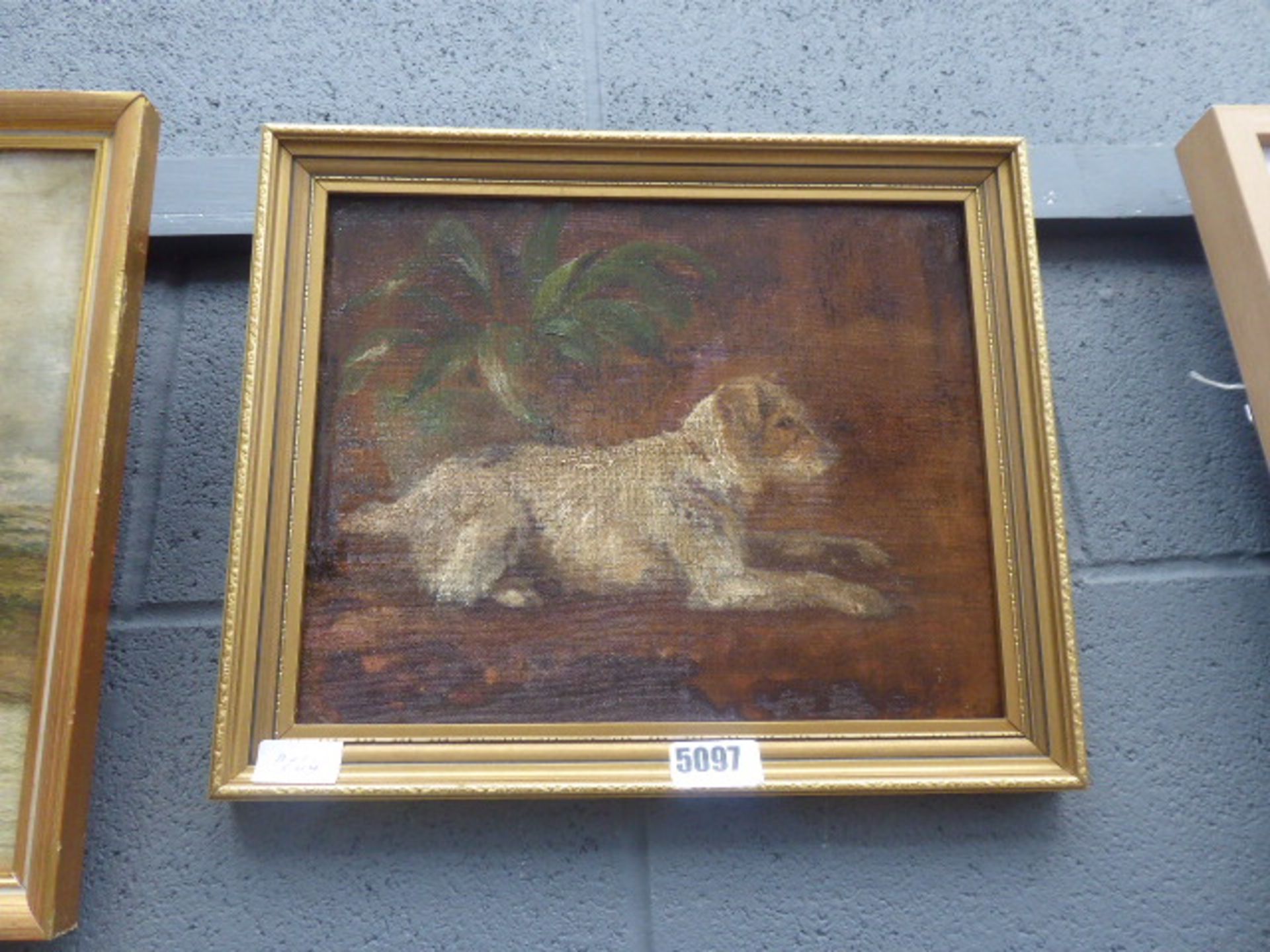 Oil on canvas backed onto board of a terrier