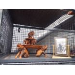 Cage containing elephant figures plus a brass photo frame