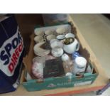 Box containing glassware plus tea and coffee mugs and general crockery